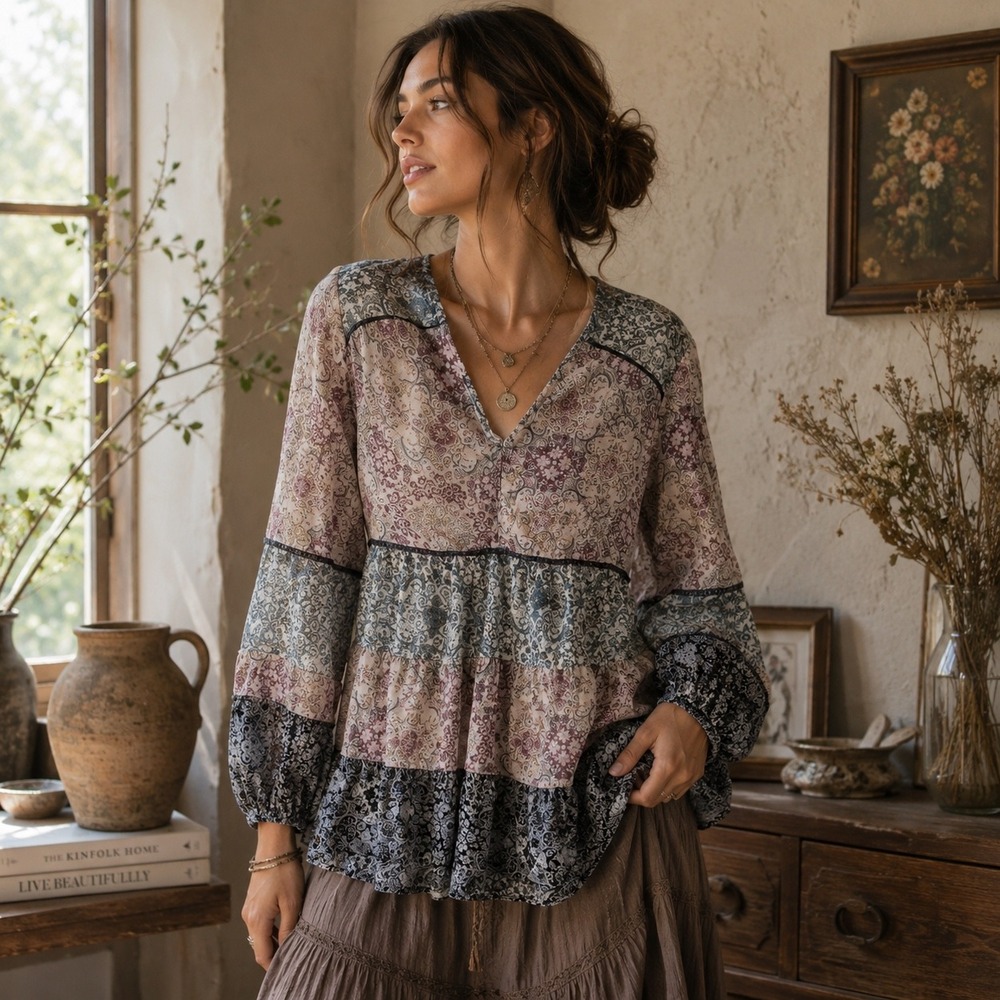 Knox Rose Patchwork Paisley Boho Peplum Blouse XS Cottagecore Top